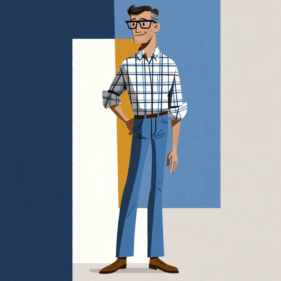 Lyle, drawn as a friendly man in glasses and a plaid shirt, standing with one hand in his pocket.